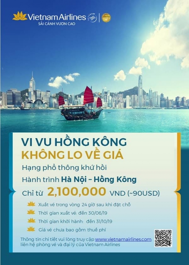 Khuyến mại Hà Nội – Hong Kong của Vietnam Airlines chỉ từ 90 USD KHỨ HỒI!