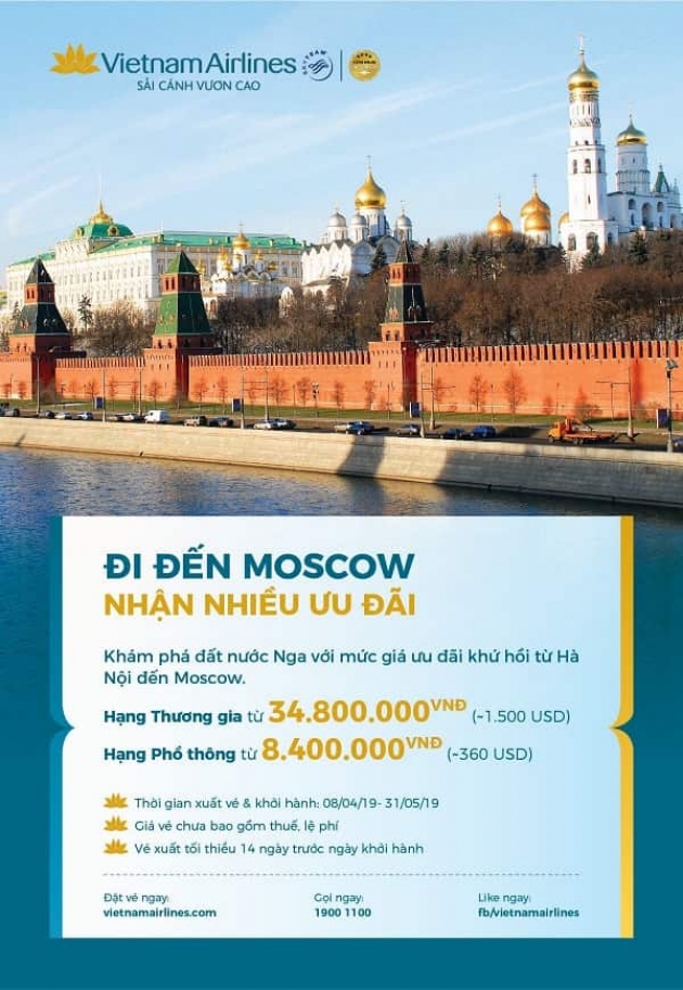 Vietnam Airlines ưu đãi Hà Nội – Moscow  chỉ từ 360 USD khứ hồi