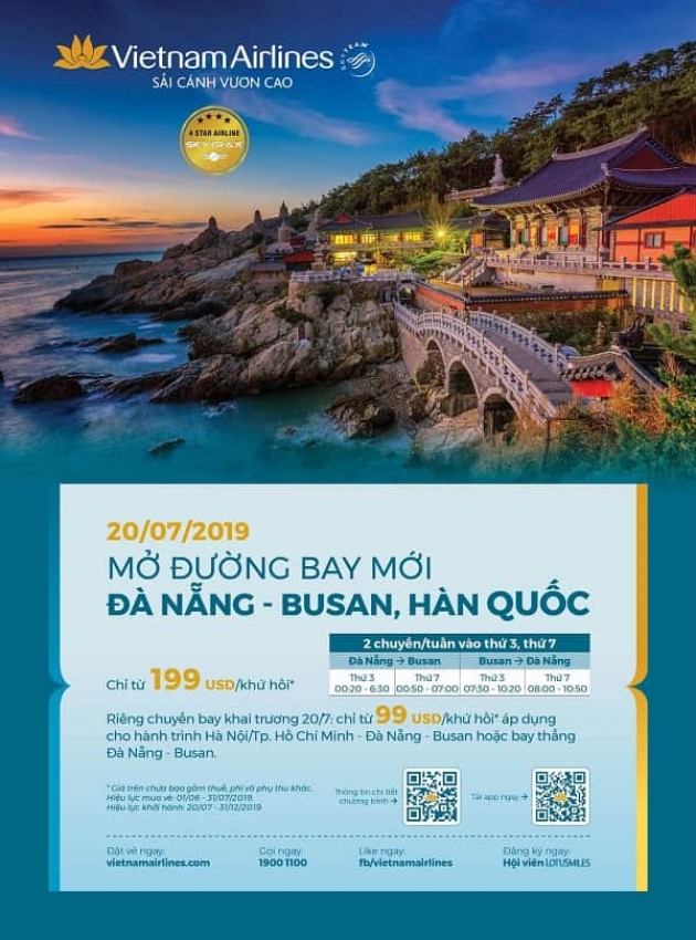 Từ 20/07/2019, Vietnam Airlines mở đường bay mới Đà Nẵng – Busan, khuyến mại vé máy bay chỉ từ 199 USD khứ hồi